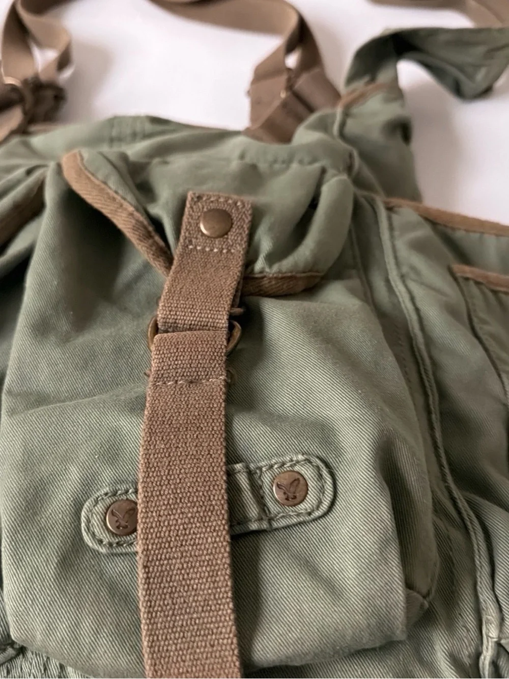 American Eagle Outfitters Olive Green Canvas Messenger Bag with Brown Trim
